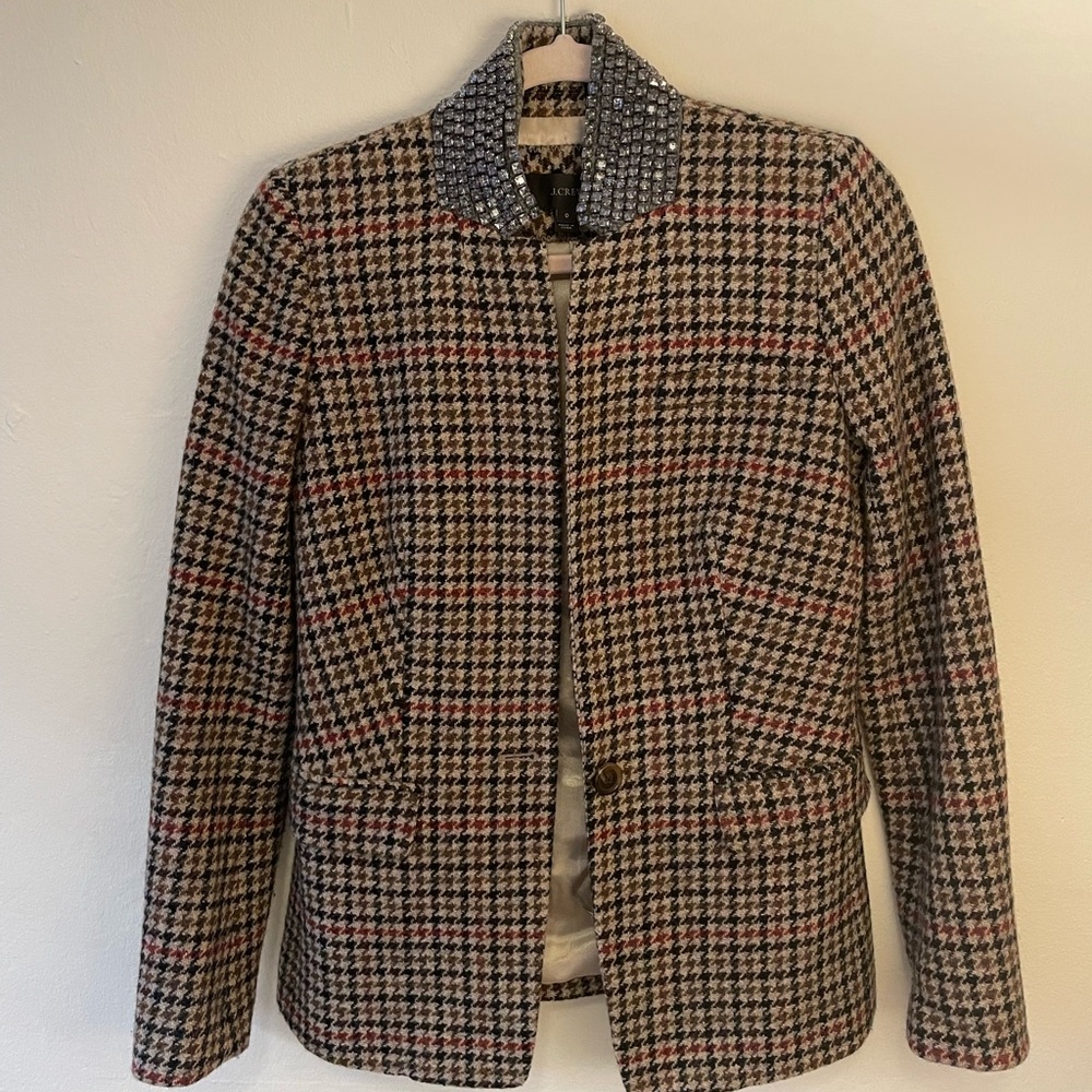 JCrew houndstooth bedazzled collar blazer.